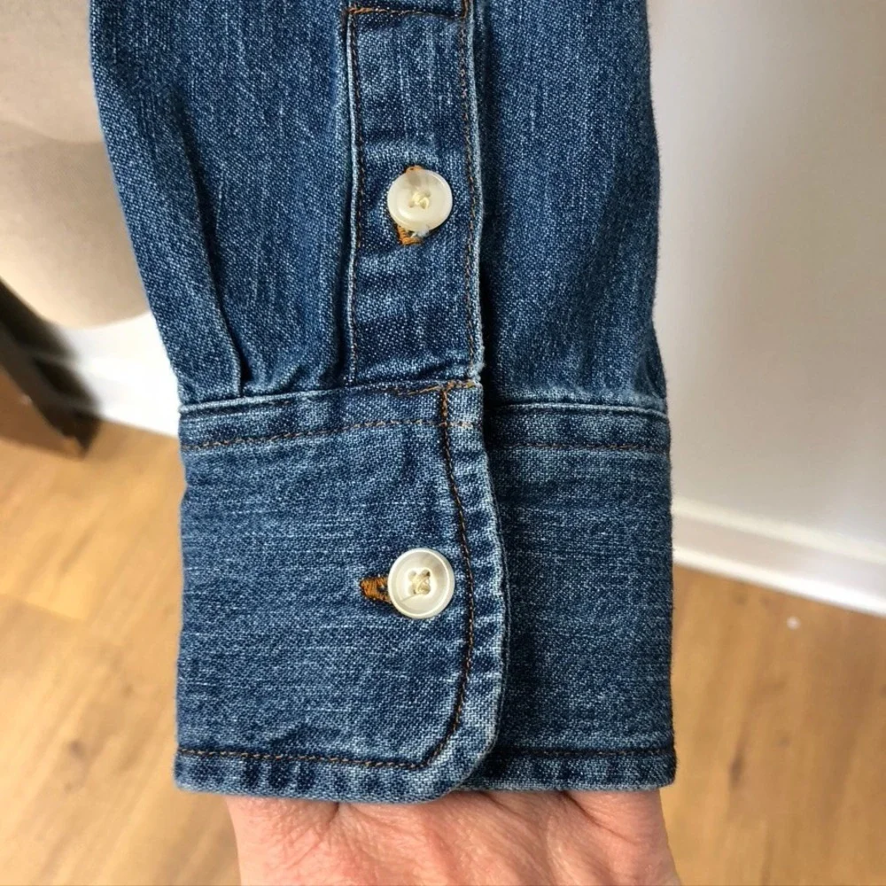 Denim Forum Button Down Shirt Womens XS Blue Cotton Hemp Cropped Long Sleeve - Picture 4 of 11